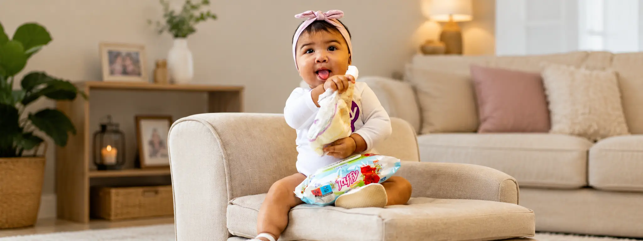 Vrolijke baby op de bank met Cushy Care producten